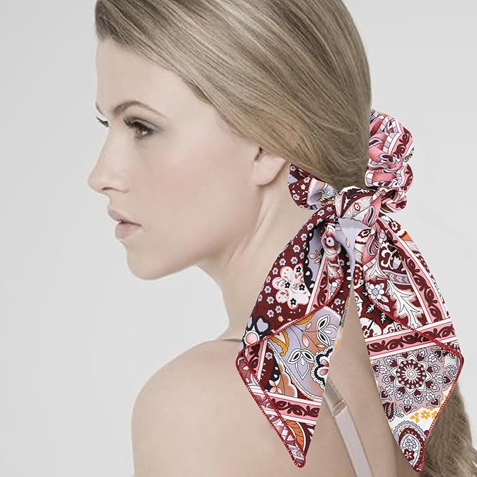 Paisley Scrunchie Scarfs Large Hair Bow Scrunchies Chiffon Hair Scarf Ties Long Tail Ponytail Holders Bandana Scrunchy Ribbons Fashion Hair Scarves Bows Bands Accessories for Women with 6PCS