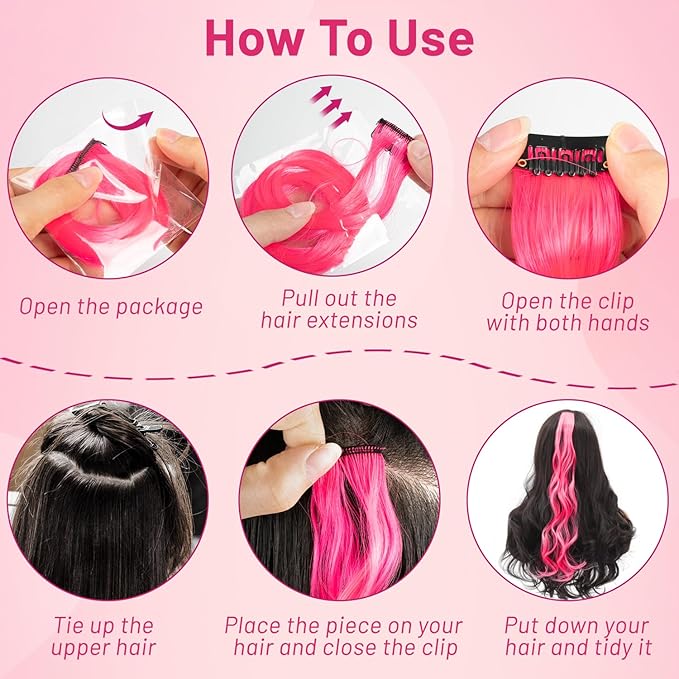 16 Pcs Colored Hair Extensions Curly Wavy Clip in Synthetic Hairpiece Streak for Girls Women Kids, Multi-colors Party Highlights Cosplay Festival Favor Gift(Hot Pink)