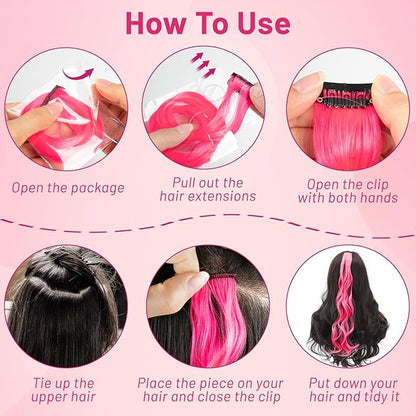 16 Pcs Colored Hair Extensions Curly Wavy Clip in Synthetic Hairpiece Streak for Girls Women Kids, Multi-colors Party Highlights Cosplay Festival Favor Gift(Hot Pink)