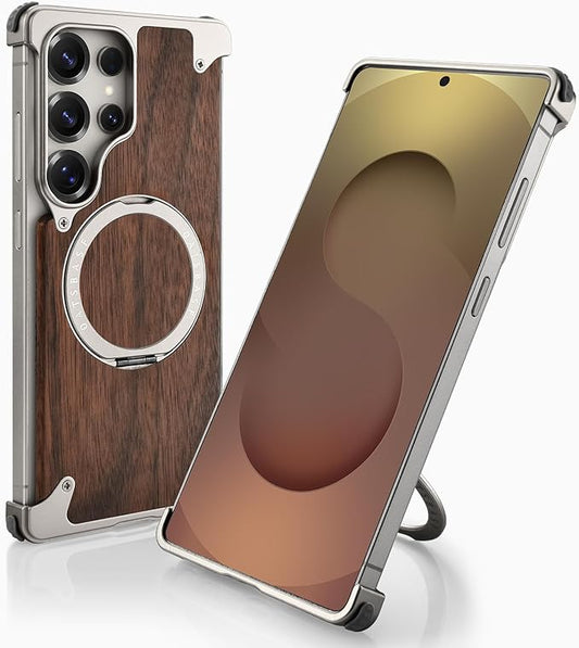 OATSBASF Magnetic Wood Case Compatible with Samsung Galaxy S25 Ultra, [Natural Wood & Aluminum] Shockproof Protective Cover Unique Wooden Case with 360° Ring Stand, Natural Titanium