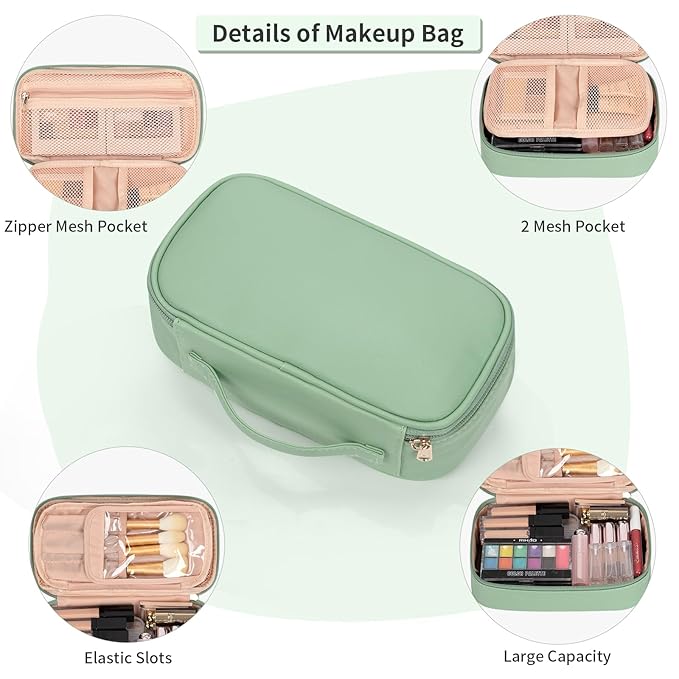 OCHEAL Small Makeup Bag,Portable Cute Travel Makeup Bag Pouch for Women Girls Makeup Brush Organizer Cosmetics Bags with Compartment-Light Green