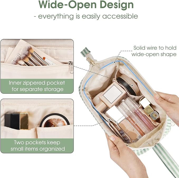 Narwey Striped Makeup Bag Women Wide-open Make up Bag Travel Cosmetic Bag Organizer Toiletry Bag for Cosmetics Toiletries Accessories (Mint Green Stripe)