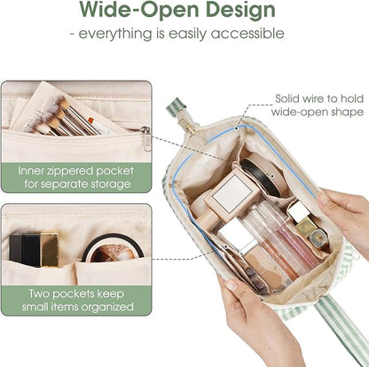 Narwey Striped Makeup Bag Women Wide-open Make up Bag Travel Cosmetic Bag Organizer Toiletry Bag for Cosmetics Toiletries Accessories (Mint Green Stripe)