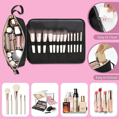 OCHEAL Makeup Brush Holder and Makeup Bag 2 in 1,Makeup Pouch with Brush Organizer,Travel Makeup Brushes Bag Cosmetic Bags for Women Portable Roll-up Makeup Case -Black