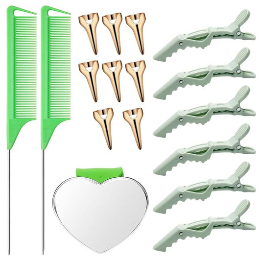 17 Pieces Hair Parting Tools Set Heart, Included 8P Hair Parting Ring 2P Metal Rat Tail Comb 6P Hair Sectioning Clip with 1P Magnetic Wrist Sewing Pin Holder for Braiding (Green)