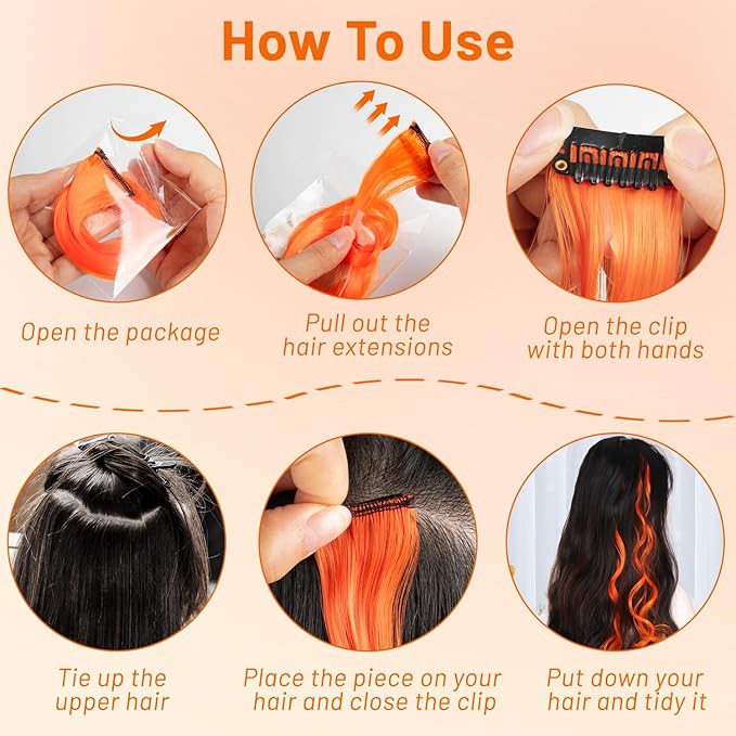 16 Pcs Colored Hair Extensions Curly Wavy Clip in Synthetic Hairpiece Streak for Girls Women Kid, Multi-colors Party Highlights Cosplay Festival Gift(Orange)
