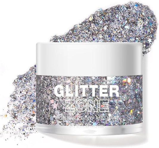 Holographic Body Glitter Gel - Cosmetic-Grade, Christmas Glitter Makeup for Face, Body, and Hair, Safe and Easy to Use, Perfect for Festivals Parties (05 Silver Fantasy)
