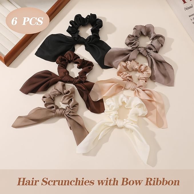 6 PCS Small Hair Bows Silk Scrunchies, Hair Ties with Bows, Hair Scrunchies for Women Girls, Knotted Bow Silk Hair Ties, Satin Hair Ribbons Elastic Hair Ties Valentine's Day Gifts Holiday