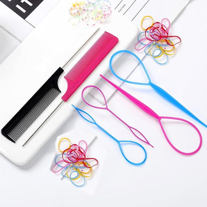 6Pcs Hair Loop Tool Set with 4 Tail Tools French Braid 2 Metal Pin Rat Comb for Styling, 100 Colored Children Rubber Bands. Schembo