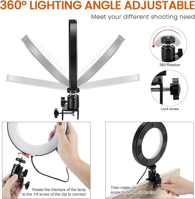 MACTREM 2 in 1 LED 6"" Ring Light with Tripod Stand & Clamp for YouTube Video and Makeup, Mini LED Camera Light with Cell Phone Holder Desktop LED Lamp with 3 Light Modes & 11 Brightness Level, Black
