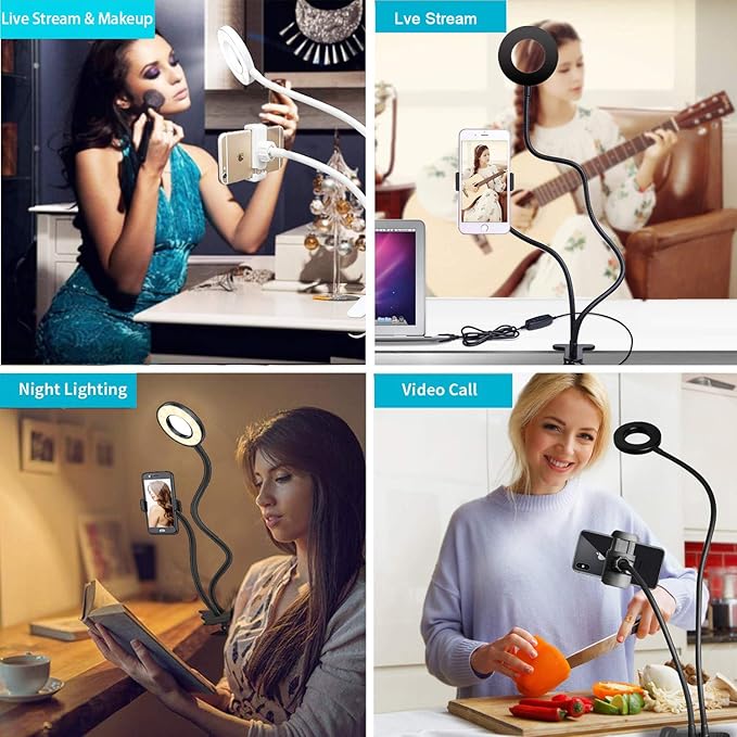 Clip on Light Reading Lights with Cell Phone Holder,Eye Protection Kids Desk Lamp, 360 ° Flexible Gooseneck Selfie Ring Light， LED Makeup Mirror Lights… (Selfie Ring Light with Cell Phone Holder)