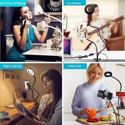 Clip on Light Reading Lights with Cell Phone Holder,Eye Protection Kids Desk Lamp, 360 ° Flexible Gooseneck Selfie Ring Light， LED Makeup Mirror Lights… (Selfie Ring Light with Cell Phone Holder)