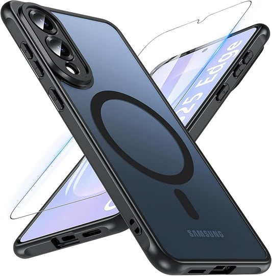 OWKEY for Samsung Galaxy S25 Edge Case 6.65'',Magnetic S25 Edge Case for Magsafe with Tempered Glass Screen, [Shockproof Military] Translucent Back Slim Bumper Cover Phone Case s25 Edge, Black