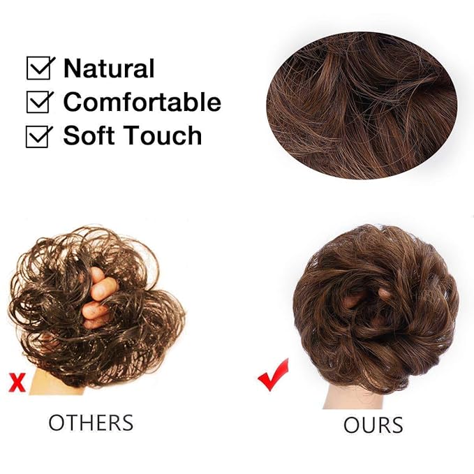 MORICA 1PCS Messy Hair Bun Hair Scrunchies Extension Curly Wavy Messy Bun Hair Synthetic Chignon Hairpieces for Women(2/30#(Darkest Brown & Light Auburn Mixed))