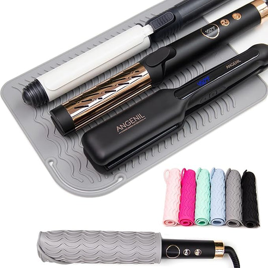 ANGENIL Flat Iron Curling Iron Large Anti-Scald Heat Resistant Silicone Mat Pad, for Dual Voltage Travel Hair Styling Tools, Titanium Ceramic Hair Straightener and Curler 2-in-1, Grey, 11.02" x 7.9"