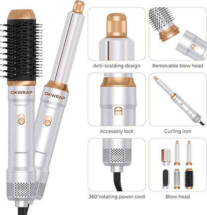 6 in ONE Blow Dryer Brush,Air Curling Iron Round Brush for Blow Out 1000W,Ionic Hair Dryer Brush for Women, Blowout Brush Air Styler Curler (Golden White)