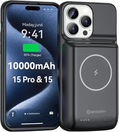 NEWDERY Battery Case for iPhone 15 Pro/iPhone 15 10000mAh, USB C Qi Wireless Charging Case, Portable Rechargeable Extended Charger Case Battery Pack - 2023 Release Black