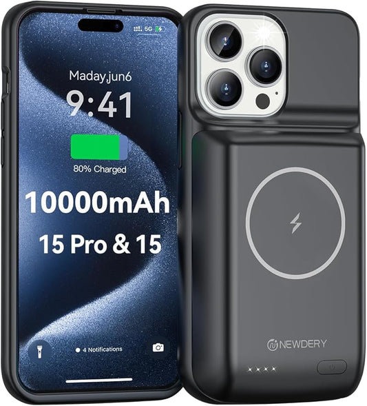 NEWDERY Battery Case for iPhone 15 Pro/iPhone 15 10000mAh, USB C Qi Wireless Charging Case, Portable Rechargeable Extended Charger Case Battery Pack - 2023 Release Black