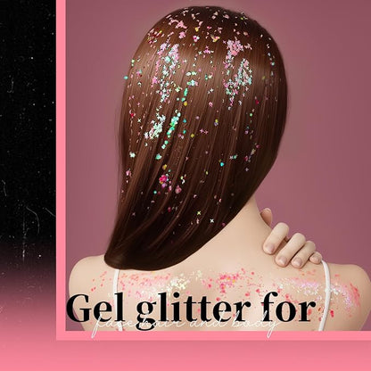 Teenitor Face Glitter, Pink Body Glitter Gel, Holographic Glitter for Face and Body, Hair, Gel Glitter Makeup for Festival Party Cheer Glitter