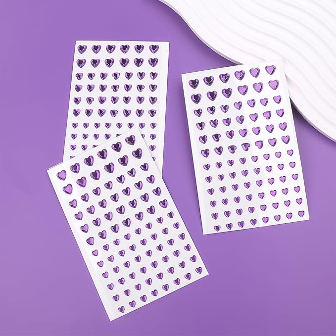 264Pcs Heart Face Gems Love Gems, Self-Adhesive Face Jewels Rhinestones 5/7/10 mm DIY Face Gems Stick on, Valentine Makeup Gems Rave Accessories for Face Eyes Hair Makeup Body, Crafts (Purple)