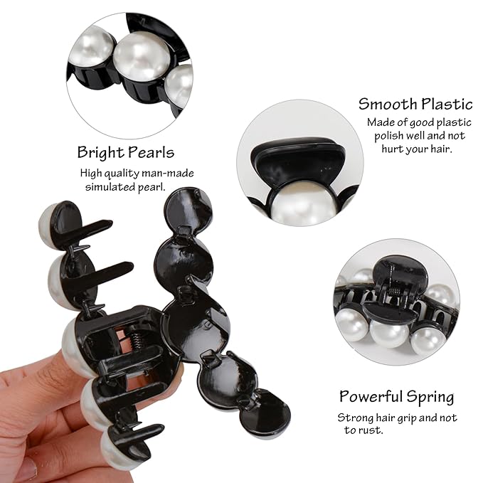 Mehayi 4 PCS Large Black Pearl Hair Claw Clips for Women Girls, Hair Barrette Clamps for Thick Thin Hair, Fashion Hair Accessories Headwear Styling Tools for Party Wedding