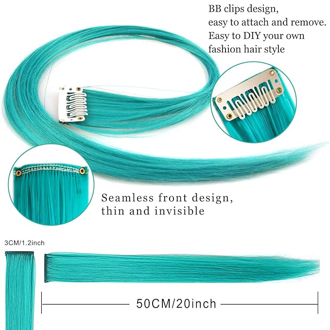 12 PCS Colored Hairpieces, Multi-colors Party Highlights Clip in Hair Heat-Resistant Synthetic Hair Extensions 20 Inch (Teal)