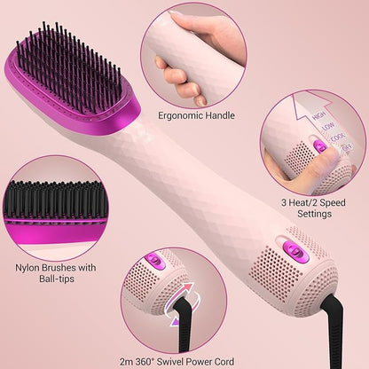 3 in 1 Hair Dryer Brush Professional 1200W Powerful Ceramic Tourmaline 3 Heat/2 Speed Settings One Step Hair Dryer and Styler (Pink)