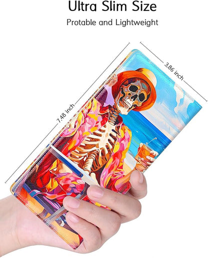Nipichsha Womens Wallet, RFID Slim Wallets for Women, Thin Ladies Credit Card Holder Purse, Cute Leather Bifold Clutch Billfold with 11 Card Slots & ID Window, Beach Skull