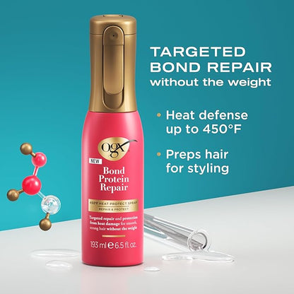 OGX Repair & Protect Bond Protein Repair 450°F Heat Protect Spray, Thermal Protection Spray for Targeted Damage Repair & Protection from Heat Damage, 6.5 fl. oz