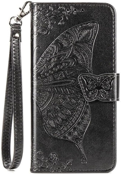 for Samsung Galaxy S25 Plus Case Wallet PU Leather Credit Card Holder Full Body Cute Butterfly Design with Wrist Strap Soft TPU Bumper Full Body Protective Phone Case for Girls Women Black