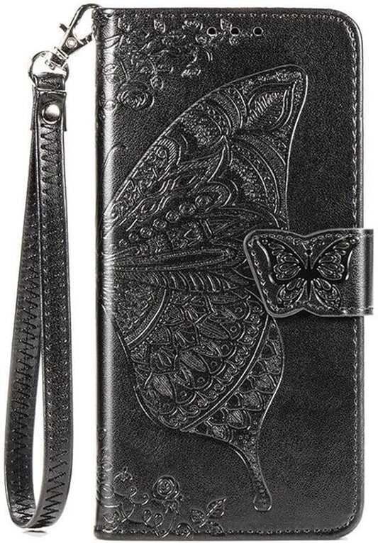 for Samsung Galaxy S25 Plus Case Wallet PU Leather Credit Card Holder Full Body Cute Butterfly Design with Wrist Strap Soft TPU Bumper Full Body Protective Phone Case for Girls Women Black