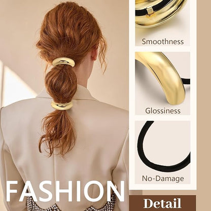 4PCS Gold Hair Ties, Metal Hair Ties for Thick Hair, Elegant Durable Round Geometric Design Hair Cuffs, Gold Hair Accessories Stretchy Non-Damage Ponytail Holders