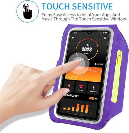 Running Armband with Earphone Bag Cell Phone Armband for iPhone 16 15 Pro 14 Plus 13 11 XR XS, Galaxy S24/S10 Water Resistant Sports Phone Holder Case & Zipper Slot Car Key Holder for 6.7 inch Phone