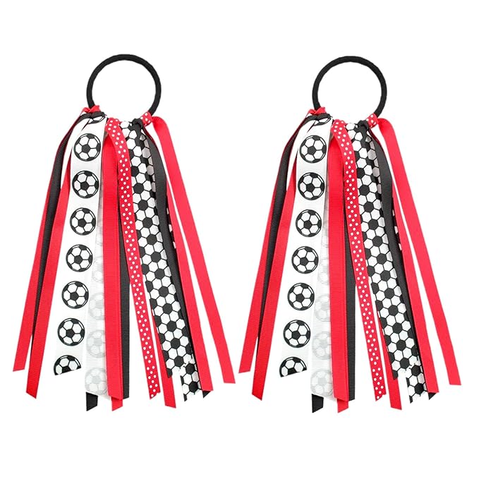 2pcs Soccer Ponytail Holders Hair Ribbons Streamer Red Black Soccer Elastic Hair Ties Band Hair Scrunchies Game Day Party Accessories Back School Gift for Women Cheerleader Fans