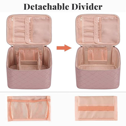 OCHEAL Pink Makeup Bag,Travel Large Capacity Cosmetic Bags For Women Large Travel Toiletry Bag Girls Traveling With Brush Slot And Divider-Nude Pink