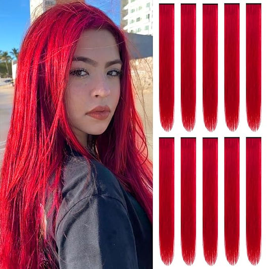 22 inch Colored Hair Extensions Straight Hairpiece, Colorful Hair Extensions Party Highlights Clip in Long Synthetic for Girls Women Kids Favor Gift(10 PCS Red)