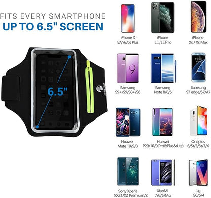 Armband with Airpods Pocket Cell Phone Armband for iPhone 14 13 Pro 14 Plus 12 11 XR XS, Galaxy S20/S10 Water Resistant Sports Phone Holder Case & Zipper Slot Car Key Holder for 6.5 inch Phone