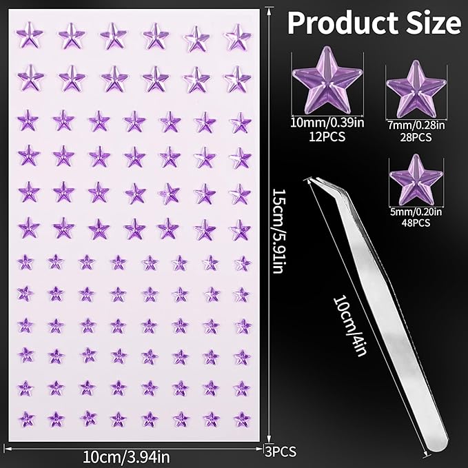 264Pcs Star Face Gems Eye Gems, Self-Adhesive Face Jewels Rhinestones 5/7/10 mm DIY Face Gems Stick on, Patriotic Makeup Gems Rave Accessories for Face Eyes Hair Makeup Body, Crafts (purple-star)