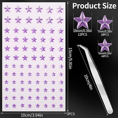 264Pcs Star Face Gems Eye Gems, Self-Adhesive Face Jewels Rhinestones 5/7/10 mm DIY Face Gems Stick on, Patriotic Makeup Gems Rave Accessories for Face Eyes Hair Makeup Body, Crafts (purple-star)