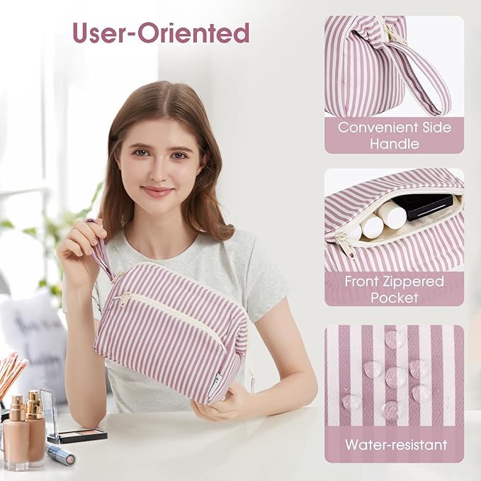 Narwey Striped Makeup Bag Women Wide-open Make up Bag Travel Cosmetic Bag Organizer Toiletry Bag for Cosmetics Toiletries Accessories (Dusty Rose Stripe)