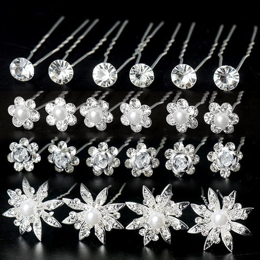 40 Pieces Bridal Hair Pins, Clips and Barrettes with Crystal Pearl Flowers, Women's Proms Hair Jewelry Accessories, Gift Stocking Stuffers for Girls