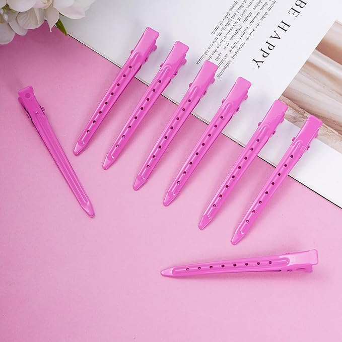 24 Packs Duck Bill Clips, Bantoye 3.35 Inches Rustproof Metal Alligator Curl Clips with Holes for Hair Styling, Hair Coloring, Rose Red