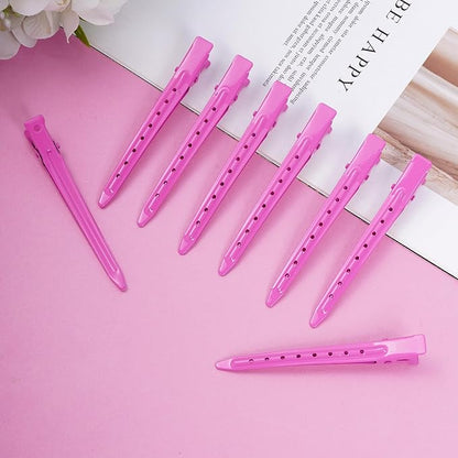24 Packs Duck Bill Clips, Bantoye 3.35 Inches Rustproof Metal Alligator Curl Clips with Holes for Hair Styling, Hair Coloring, Rose Red