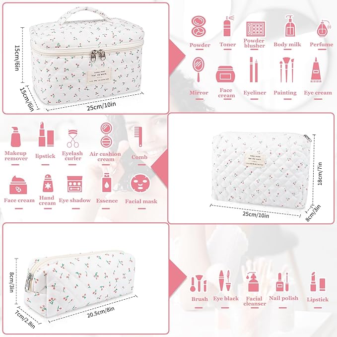 3PC Quilted Makeup Bag, Large Floral Makeup Bags for Women, Cute Cotton Cosmetic Bag Set, Flower Travel Toiletry Organizer Bags (white cherry)