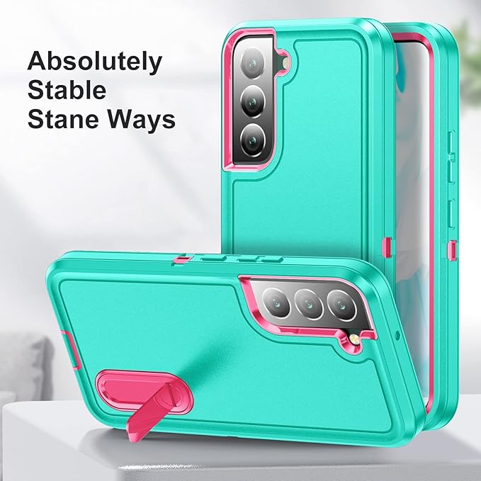 for Samsung Galaxy S22 Plus Case Galaxy S22+ Case with Kickstand Case 3-Layer Military Grade Protective Case Cover Silicone Rugged Shockproof for Galaxy S22 Plus S22+ Phone Case Cyan+Rose Red