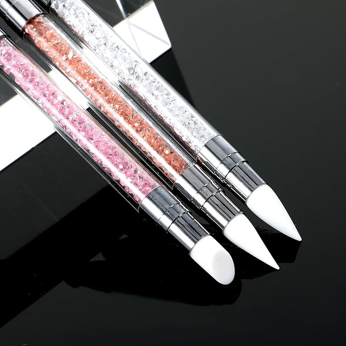 3 Pcs Nail Art Sculpture Pen, Dual Tipped Silicone Nail Tools, Silicone Head Acrylic Handle Nail Art Brushes, Rhinestone Nail Polish Carving Pen, Nail Art Tools for Home Salon(White, Pink, Orange)