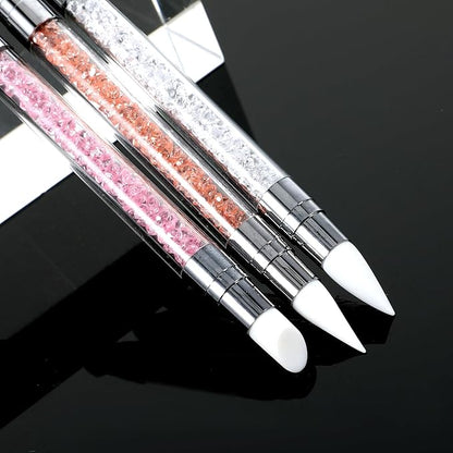 3 Pcs Nail Art Sculpture Pen, Dual Tipped Silicone Nail Tools, Silicone Head Acrylic Handle Nail Art Brushes, Rhinestone Nail Polish Carving Pen, Nail Art Tools for Home Salon(White, Pink, Orange)