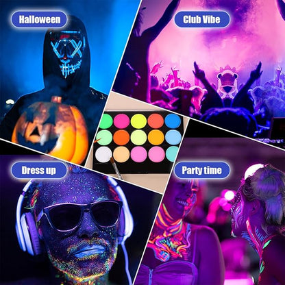 15 Color UV Blacklight Face Paint,Glow in The Dark Body Paint,Water Based Neon Fluorescent Face Painting Kit Palette,Water Activated Eyeliner Makeup,Washable for Kids Adult Halloween Masquerades Club