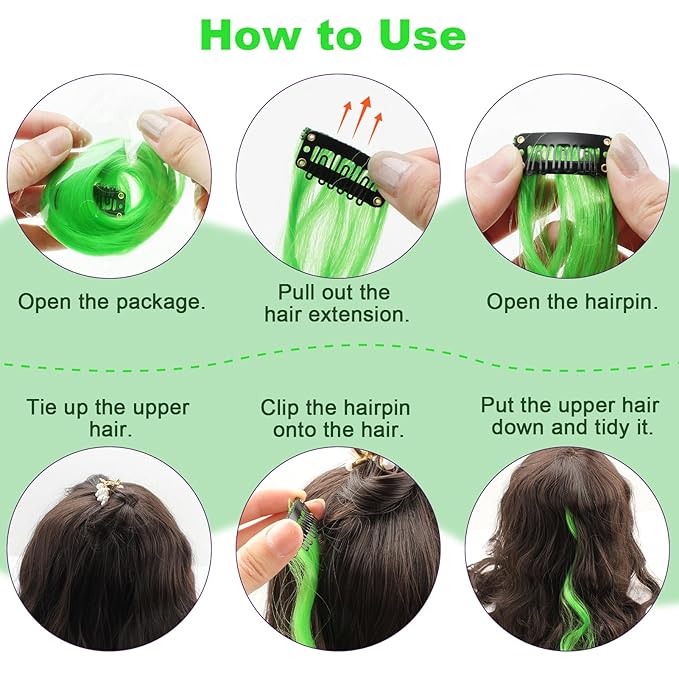 10 PCS Green Hair Extensions, Curly Wavy Synthetic Hairpieces Clip in Rainbow Neon Party Highlights, Colorful Hair Accessories for Kids Girls Women 17 Inch
