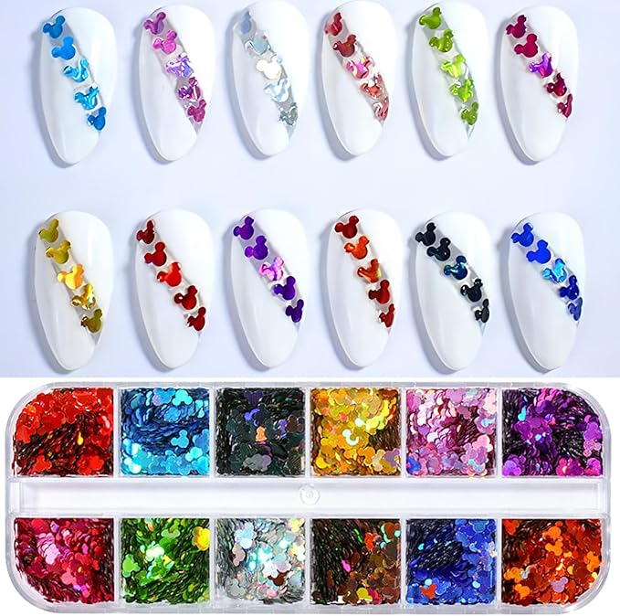12 Colors Cute Nail Glitter Sequins Nail Art Supplies 3D Holographic Nails Glitters Flakes Glitter Nails Art Stickers Decals Shiny Confetti Face Body Art Glitters Designs Fingernails Art Decoration